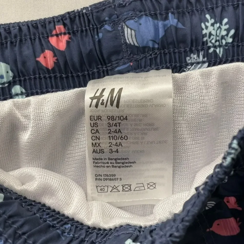 H&M Kids Navy Blue Sea Life Print Swim Trunks Whales Octopus Size 3/4T 0918657 3
